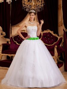 Strapless White Quince Dresses with Green Ribbon and Appliques