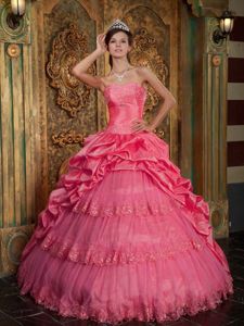 Watermelon Red Ball Gown Pick-ups Sweet 16 Dresses with Tiers