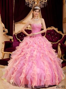 Cute Rose Pink Ruffled Beading Sweet 16 Dresses with Ruches