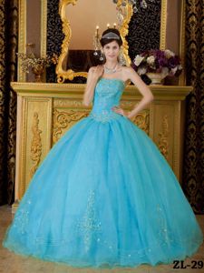 Popular Strapless Aqua Blue Organza Beading Quince Dresses