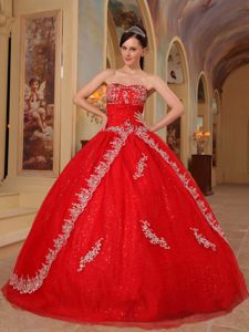 Embroidery Red Organza Dresses for a Quince with Appliques