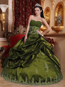 Olive Green Taffeta Appliques Quinceanera Dresses with Pick-ups