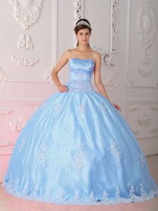 Light Blue Strapless Ball Gown Quinceanera Dress with Lace Appliques