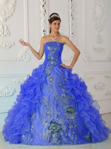Blue Organza Quinceanera Gown Dresses with Ruffles and Embroidery