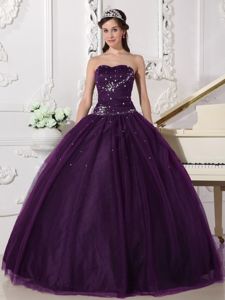 Discount Dark Purple Tulle Quinceanera Gown Dresses with Rhinestone