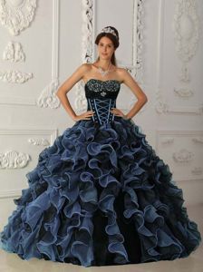 Blue and Black Floor-length Ruffled Organza Quinceanera Gown Dress