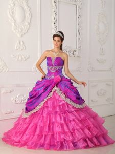 Hot Pink Taffeta and Organza Quince Dress with Lace and Appliques