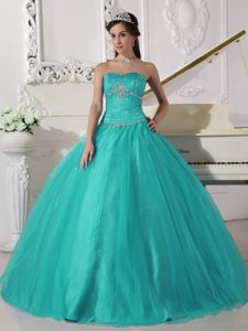 Turquoise Floor-length Beaded Quinceanera Dresses with Ruches
