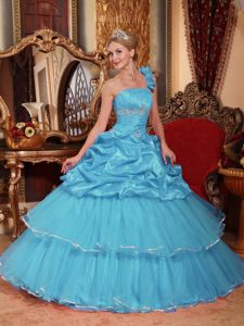 Aqua Blue One Shoulder Organza Pick-ups Sweet Sixteen Dresses