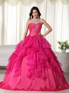 Hot Pink Ball Gown Sweet Sixteen Dresses with Embroidery