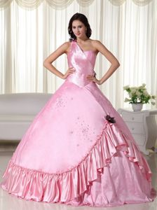 Baby Pink One Shoulder Beaded Taffeta Sweet Sixteen Dresses