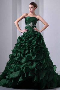 A-line Strapless Appliqued Ruffled Dark Green Dress for Quince