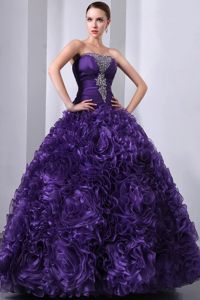 Strapless Rolling Flowers Beaded Sweet Sixteen Dresses in Purple