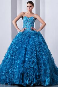 Fast Shipping Rhinestones Ruffled Blue Quinceanera Gown Dress