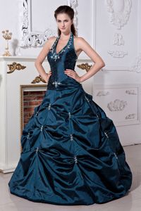Navy Blue Halter Top Dress for Quince with Embroidery and Beading