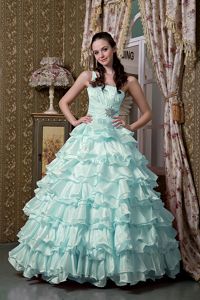 Light Blue One Shoulder Quinceanera Dresses with Ruffled Layers