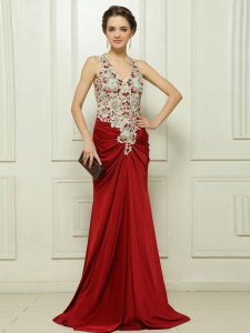 Fancy Beading and Appliques Mother of Bride Dresses Red Zipper Sleeveless With Brush Train