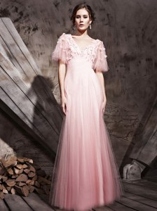 Custom Made Baby Pink Half Sleeves Floor Length Lace and Appliques Zipper Mother of the Bride Dress