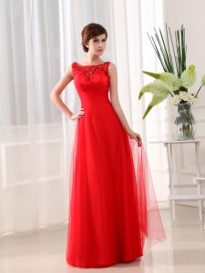 Coral Red Tulle Zipper Scoop Sleeveless Floor Length Mother of Bride Dresses Beading and Appliques