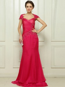 Classical Cap Sleeves Sweep Train Beading Backless Mother of Bride Dresses