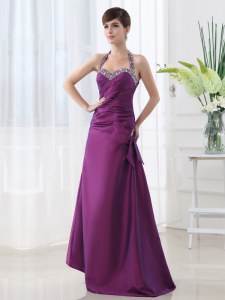 Free and Easy Halter Top Floor Length A-line Sleeveless Purple Mother of Groom Dress Lace Up