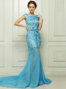 Sumptuous With Train Mermaid Sleeveless Baby Blue Mother Dresses Brush Train Zipper