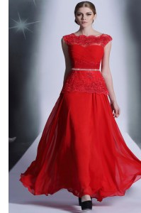 Scalloped Beading and Lace Mother Dresses Red Side Zipper Sleeveless Floor Length