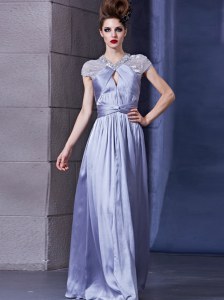 Free and Easy Halter Top Sleeveless Mother of Groom Dress Floor Length Beading and Ruching Lavender Chiffon