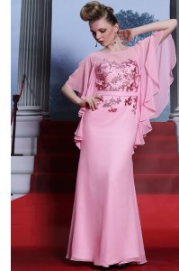Stylish Scoop Rose Pink Column/Sheath Beading Mother of Groom Dress Zipper Chiffon Half Sleeves Floor Length