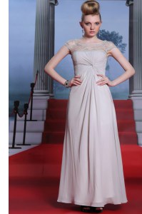 Floor Length Silver Mother of Bride Dresses Chiffon Sleeveless Beading and Lace and Ruching