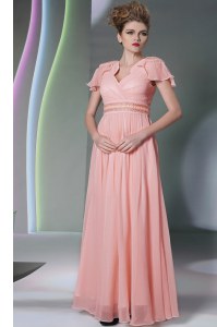 Chiffon V-neck Cap Sleeves Side Zipper Beading and Ruching Mother Dresses in Pink