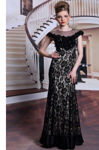 Lace Scoop Cap Sleeves Zipper Beading and Lace and Hand Made Flower Mother of Groom Dress in Black