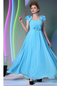 Floor Length Baby Blue Mother Dresses Chiffon Cap Sleeves Beading and Hand Made Flower
