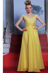Yellow Scalloped Side Zipper Beading and Appliques and Pleated Mother of the Bride Dress Short Sleeves