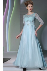 Free and Easy Scoop Light Blue Column/Sheath Beading Mother of Groom Dress Zipper Chiffon Half Sleeves Ankle Length