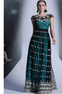 Organza Scoop Cap Sleeves Side Zipper Appliques and Pleated Mother of Groom Dress in Teal