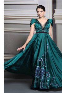 Dark Green Empire Satin V-neck Short Sleeves Beading and Embroidery and Belt Floor Length Zipper Mother of Groom Dress