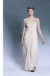 Champagne Chiffon Zipper Mother of Groom Dress Short Sleeves Floor Length Beading and Pleated