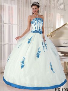 White Ball Gown Sweet 15 Birthday Dress with Blue Appliques