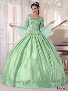 Long Sleeves Off The Shoulder Apple Green Sweet 15 Dresses