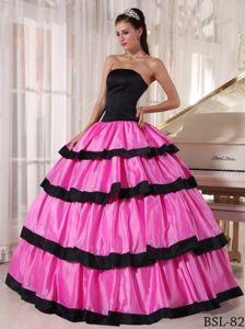 Multi-tiered Rose Pink and Black Sweet 15/16 Birthday Dress