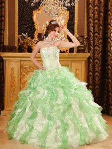 Inexpensive Beaded Ruffled Apple Green Top Quinceanera Dress