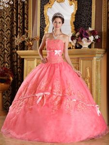 Noble Bowknot Appliqued Watermelon Red Dress for Sweet 15