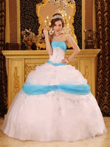 Qualified Appliqued White and Aqua Blue Quinceanera Dress