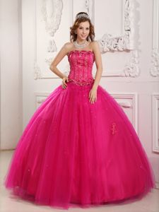 Dreamy Tulle Ball Gown Beaded Hot Pink Dress for a Quince