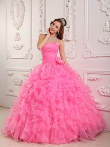 Pretty Rose Pink Ruffled Beaded Sweet 15 Dress with Flower