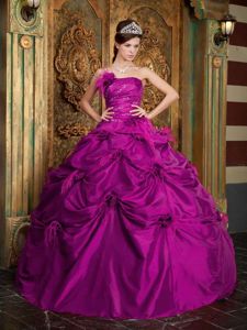 Feather Decorate Beaded Dress for Quince with Pick-ups in Fuchsia