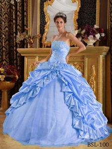 Latest Strapless Appliques Quince Dress with Pick-ups in Baby Blue