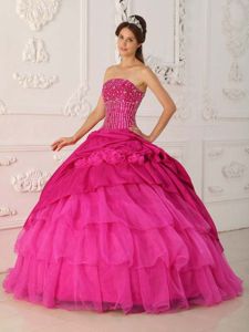 Coral Red Ruffles Quince Dress with Beading in Taffeta and Organza