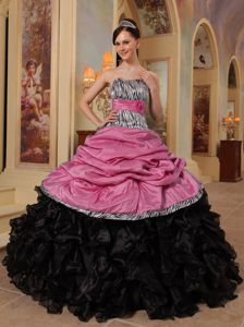 Zebra Print Pick-ups and Ruffles Quinces Dresses in Pink and Black